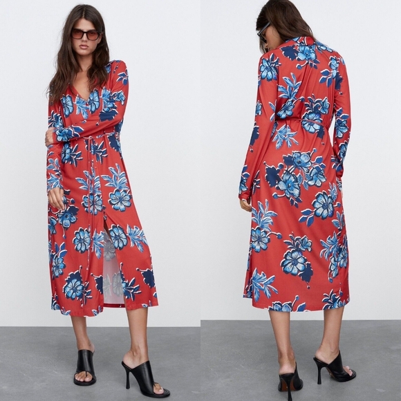 Zara Dresses & Skirts - Zara Floral Print Button Front Long Sleeve Collared Midi Shirt Dress Red Small S